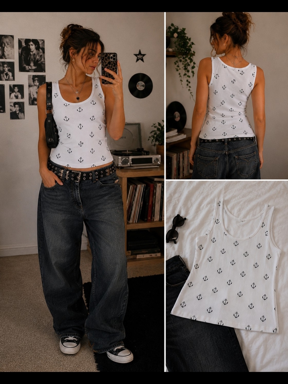 New York & Company White Anchor Print Tank Top